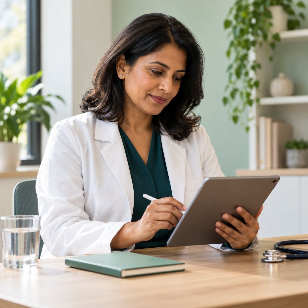 Illustrative clinician reviewing patient information